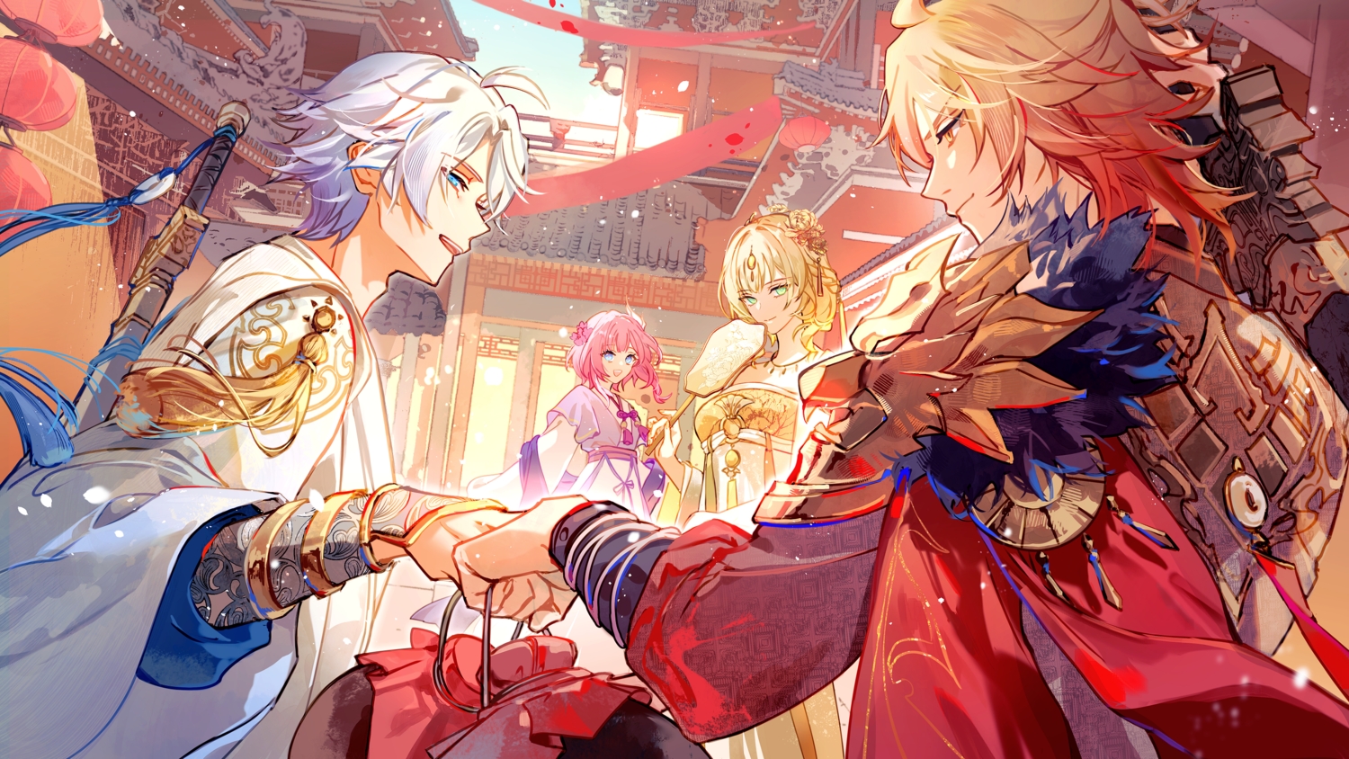 aglaea_(honkai:_star_rail), armor, blonde_hair, blue_eyes, braids, building, cape, chinese_clothes