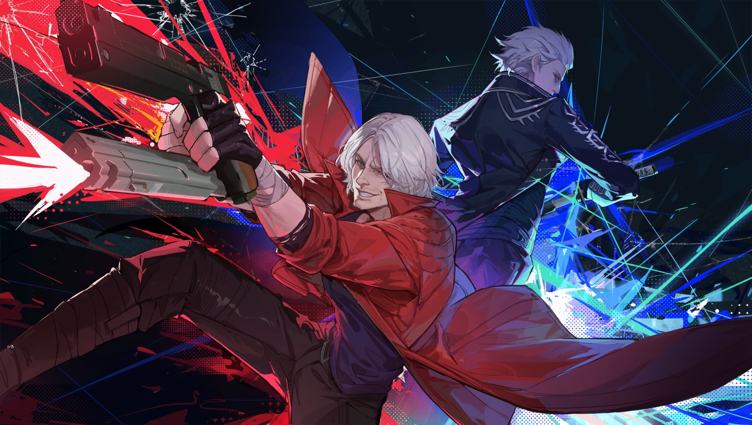 all_male, bandage, boots, dante, devil_may_cry, gloves, gray_eyes, gray_hair