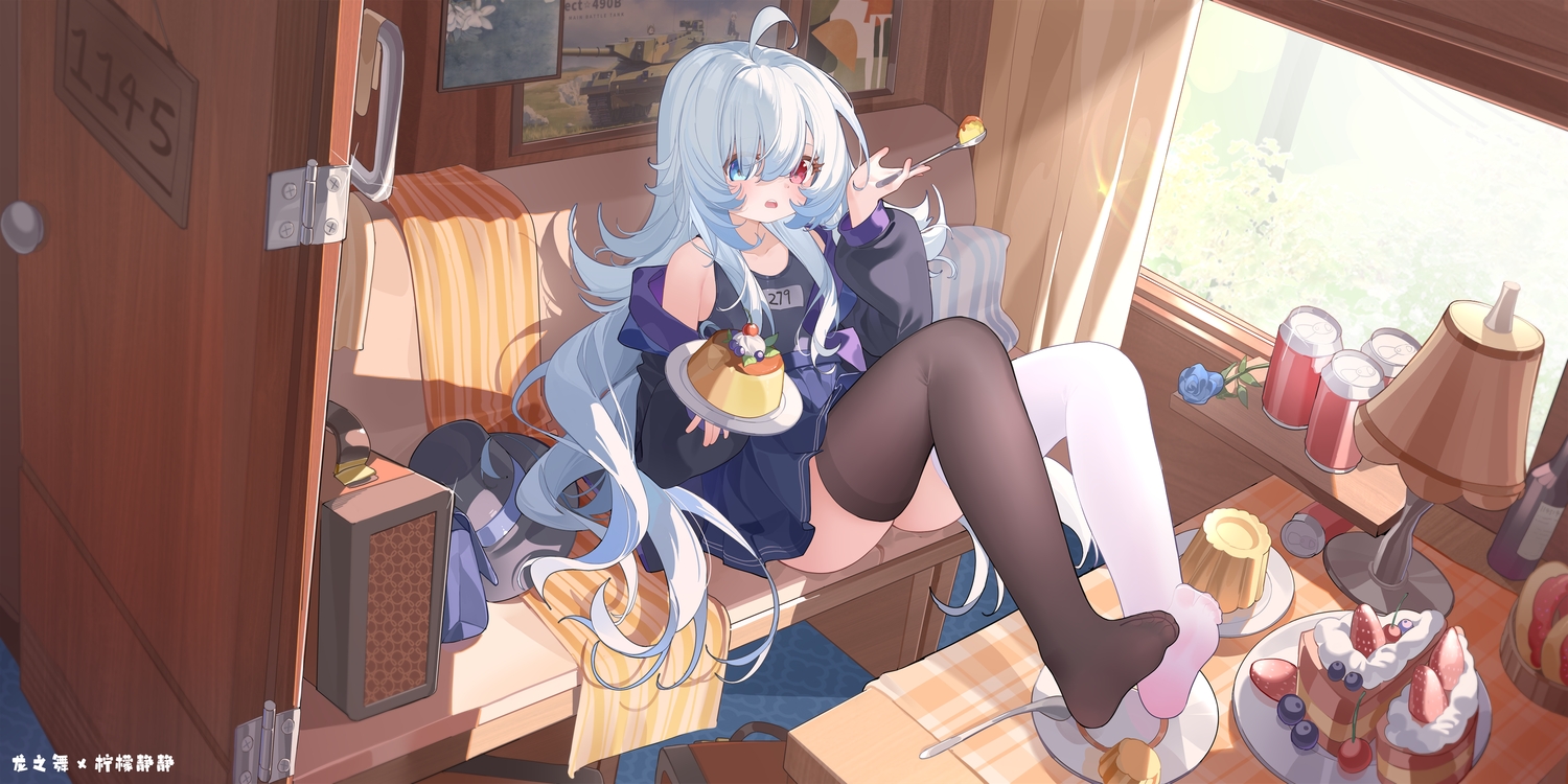 bicolored_eyes, blush, cake, cherry, couch, drink, flowers, food