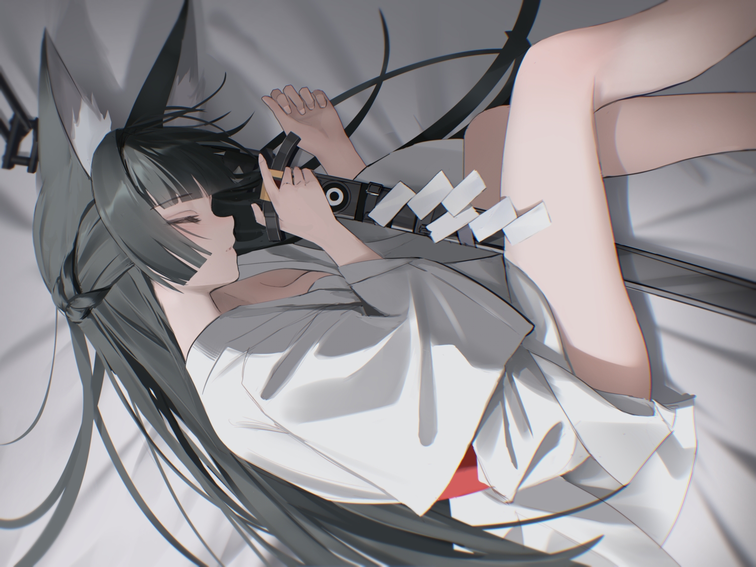 animal_ears, black_hair, blush, braids, foxgirl, hoshimi_miyabi, japanese_clothes, katana, long_hair, skirt_lift, sleeping, sword, thomas_8000, weapon, yukata, zenless_zone_zero
