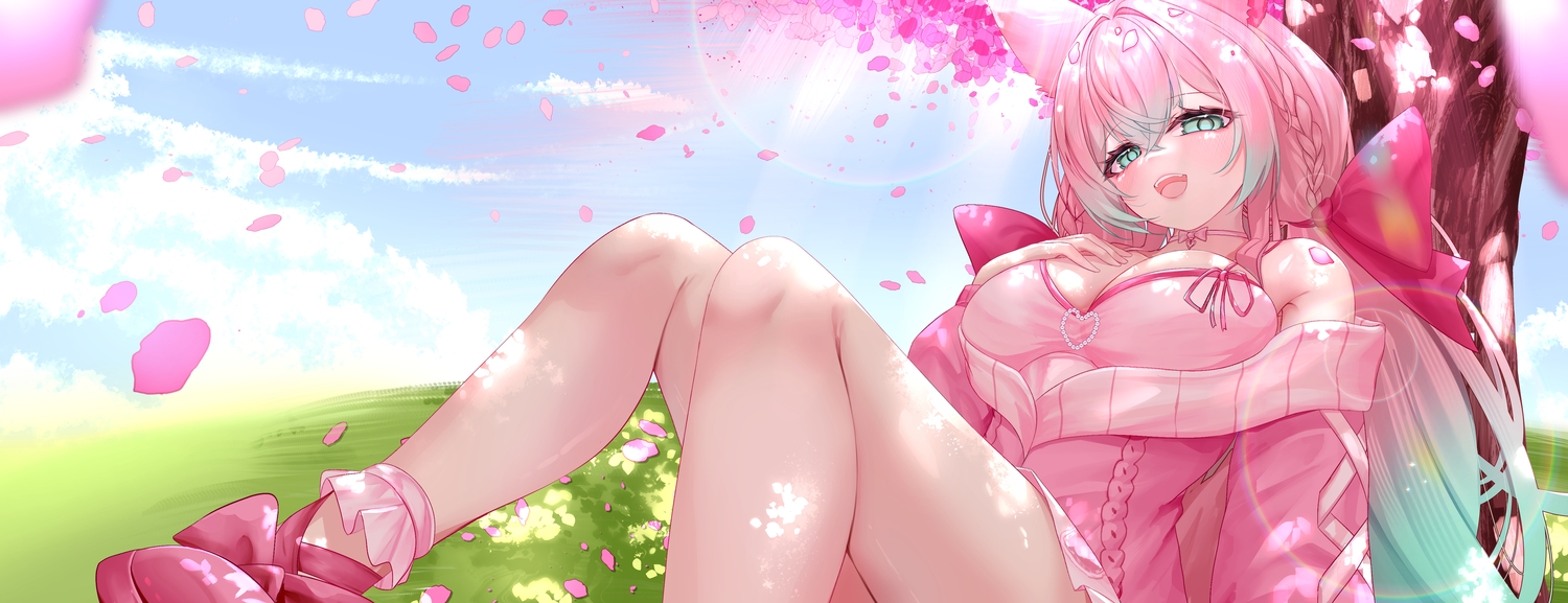 animal_ears, aqua_eyes, blush, bow, braids, breast_hold, breasts, choker