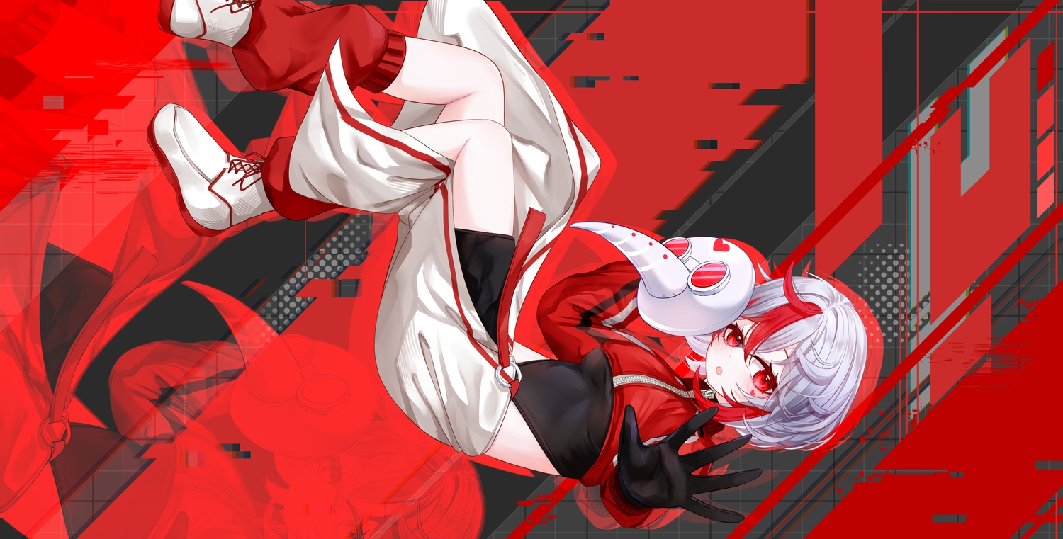 blush, gray_hair, leotard, mask, nekodama2000, red_eyes, short_hair, shorts
