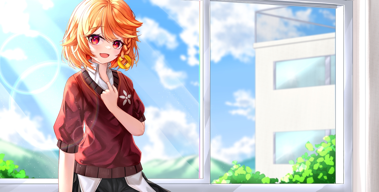 blush, braids, building, clouds, nekodama2000, orange_hair, red_eyes, school_uniform