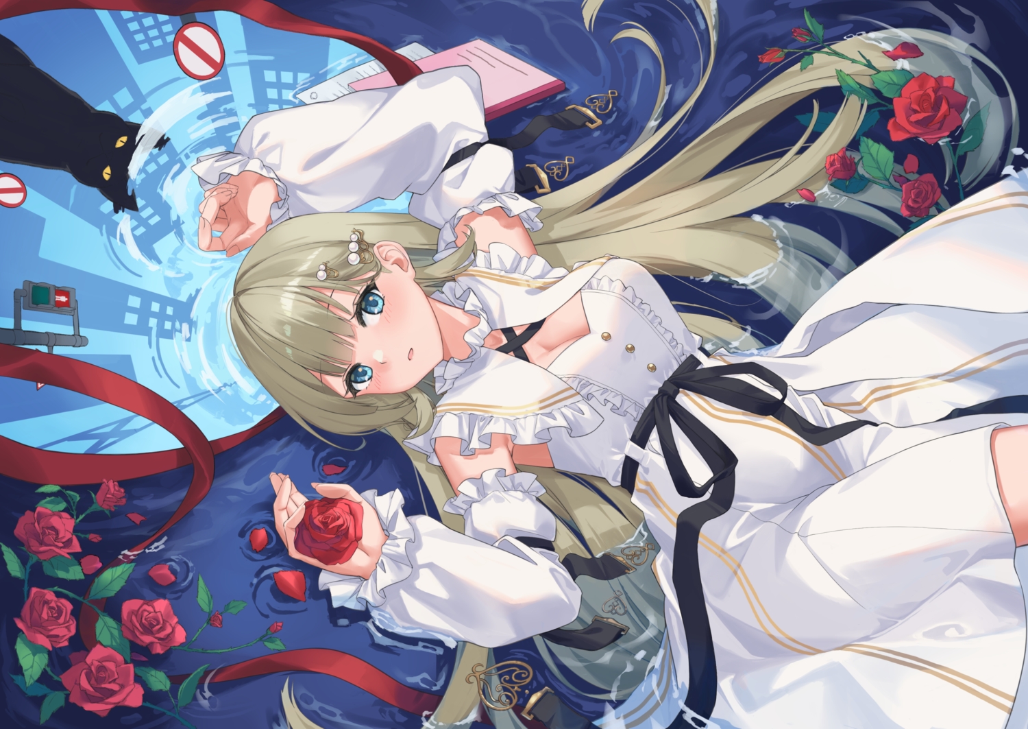 animal, blue_eyes, blush, bow, breasts, brown_hair, cat, cleavage, dress, flowers, fuyukin_chiba, hanabusa_lisa, long_hair, petals, reflection, ribbons, rose, vspo!, water