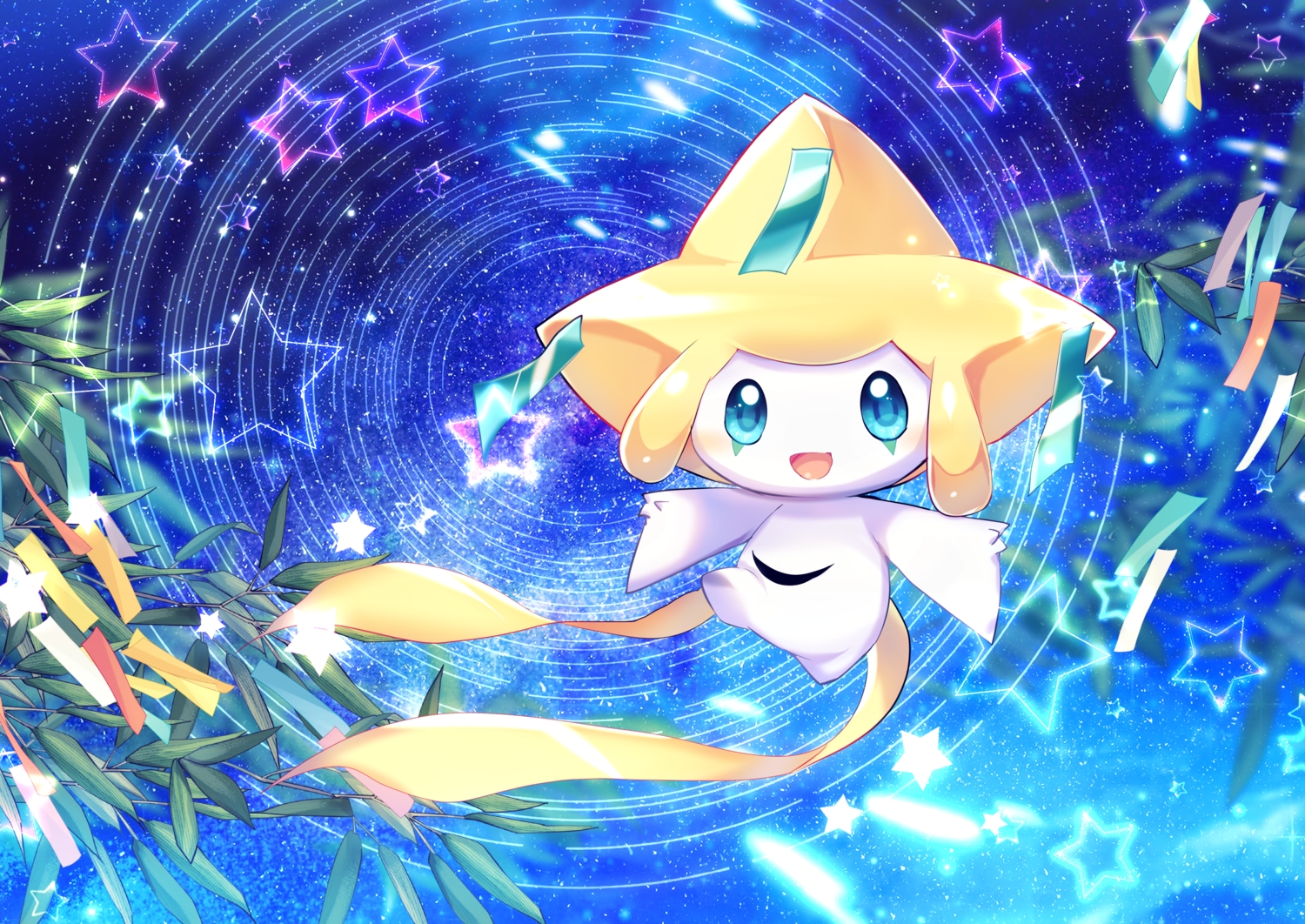 aqua_eyes, chisen_maimai, jirachi, leaves, night, no_humans, pokemon, sky, stars
