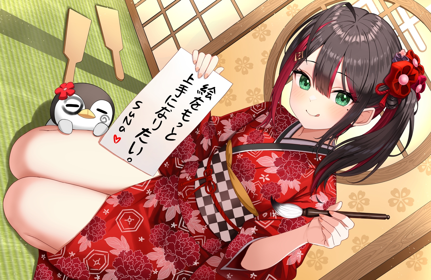 animal, black_hair, blush, green_eyes, hizuki_yui, japanese_clothes, kimono, long_hair, neo-porte, paper, penguin, ponytail, sunamama4788
