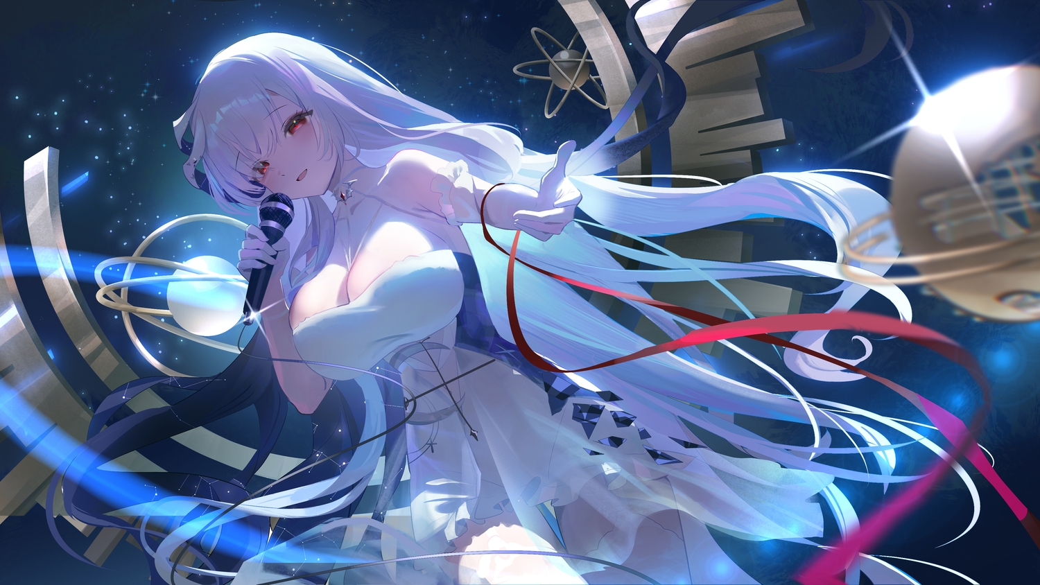 abroccoli, aliasing, breasts, choker, cleavage, dress, earendel_(springfish_studio), elbow_gloves, garter_belt, gloves, long_hair, microphone, night, red_eyes, ribbons, see_through, sketch, sky, springfish_studio, stars, stockings, white_hair