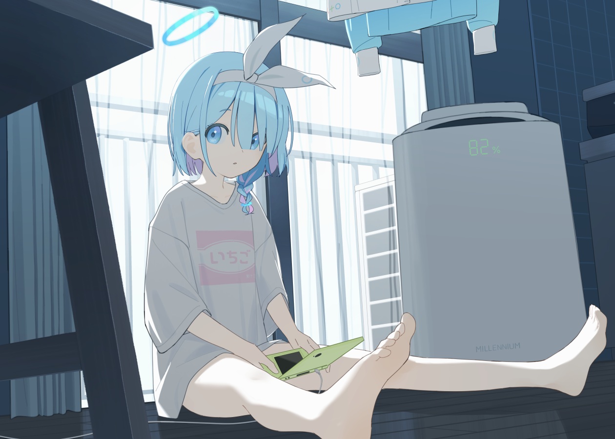 aliasing, anohito401, arona_(blue_archive), barefoot, blue_archive, blue_eyes, blue_hair, braids