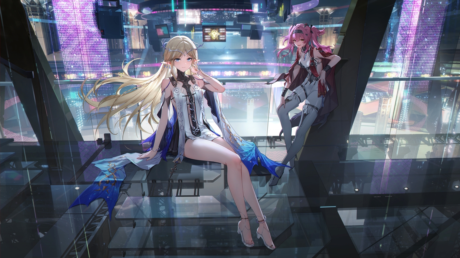 2girls, blonde_hair, blue_eyes, bodysuit, boots, braids, cape, cartethyia_(wuthering_waves)
