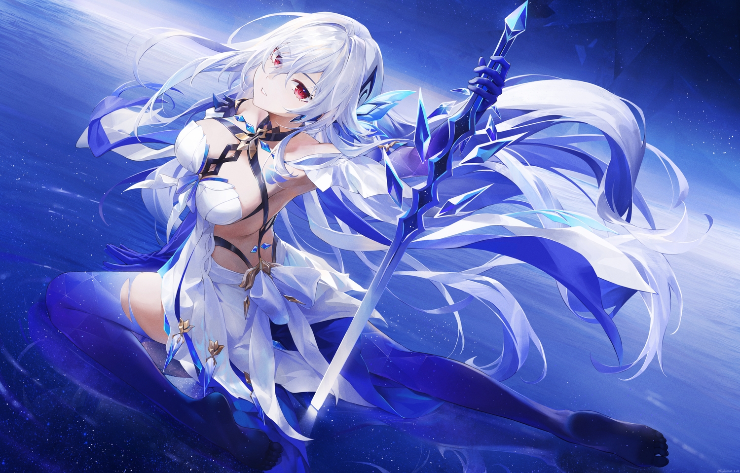 barefoot, blue, breasts, dress, genshin_impact, gray_hair, long_hair, red_eyes, signed, skirk_(genshin_impact), swkl:d, sword, water, weapon