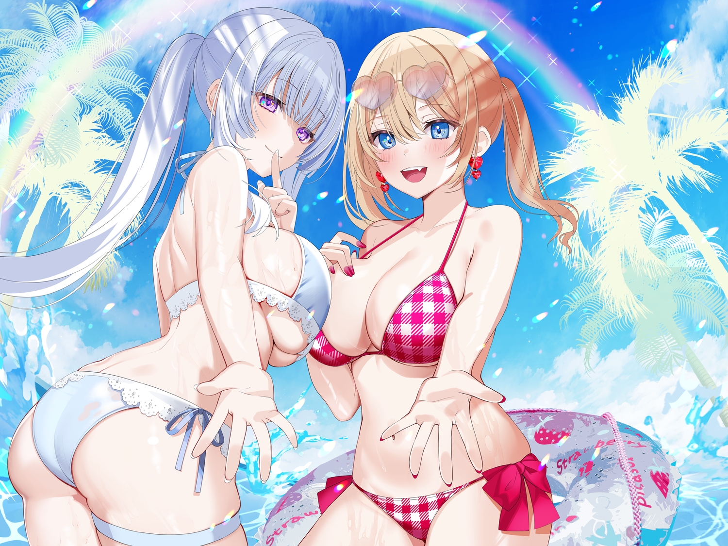 2girls, ass, bikini, blonde_hair, blue_eyes, blush, clouds, fang