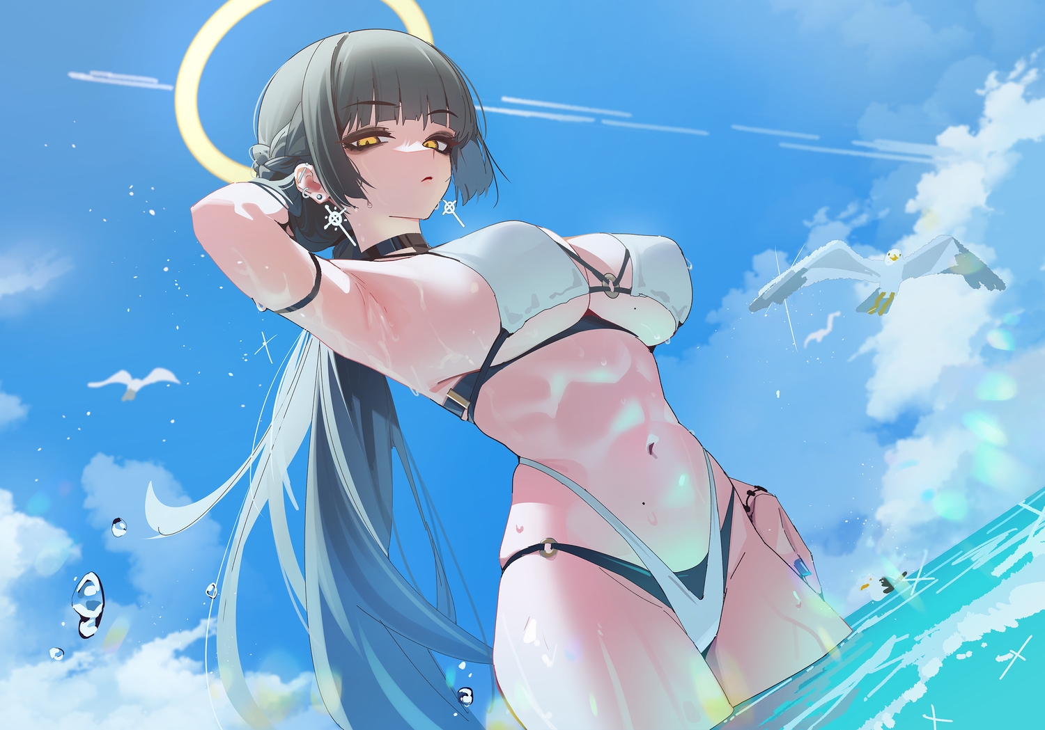 animal, auriel_(behalter), behalter, bikini, bird, black_hair, braids, breasts, choker, cleavage, clouds, cross, halo, long_hair, navel, original, sketch, sky, swimsuit, water, wet, wristwear, yellow_eyes