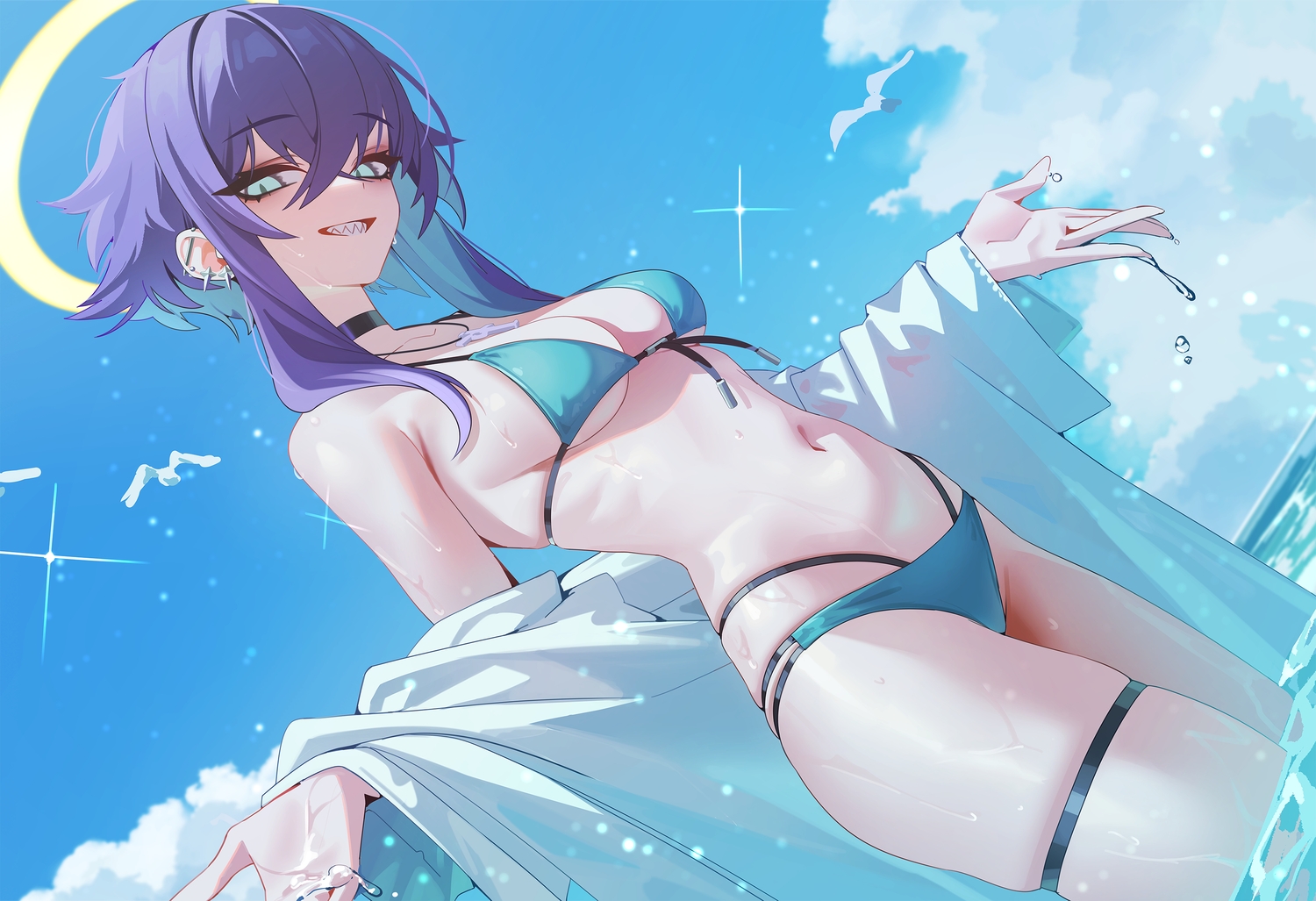 aqua_eyes, behalter, bikini, breasts, cleavage, clouds, cross, garter, halo, jehoel_(behalter), navel, necklace, original, purple_hair, sky, swimsuit, underboob, water, wet