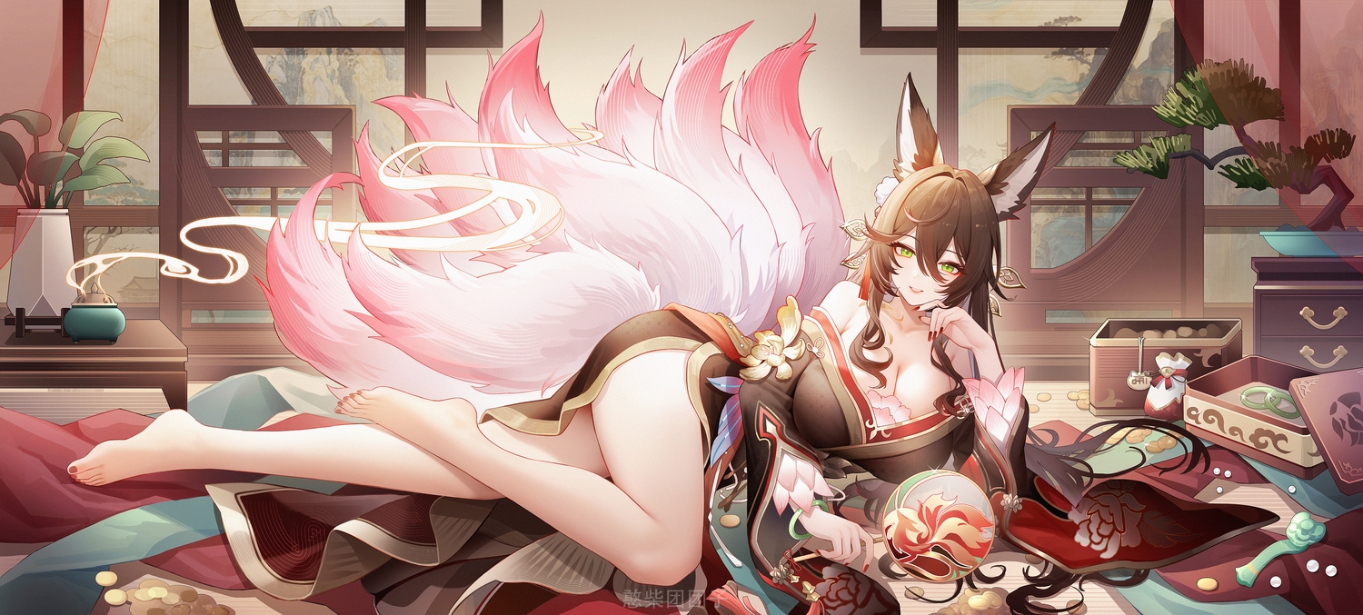 animal_ears, barefoot, breasts, brown_hair, cleavage, fan, foxgirl, green_eyes, honkai_(series), honkai:_star_rail, japanese_clothes, jianshu, kimono, long_hair, multiple_tails, no_bra, tail, tingyun_(honkai:_star_rail), watermark