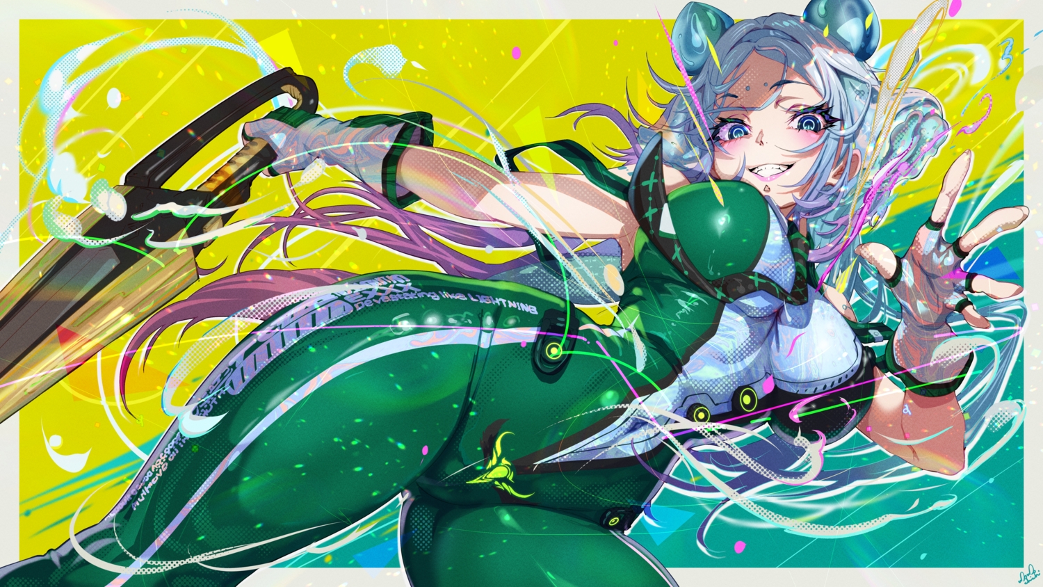 blue_eyes, bodysuit, breasts, gloves, gray_hair, long_hair, momoyama_tits, sword, tagme_(character), weapon