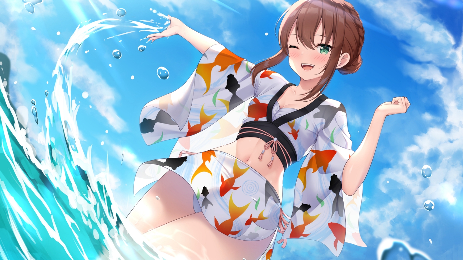 7fuji_06, bikini, blush, braids, breasts, brown_hair, cleavage, clouds