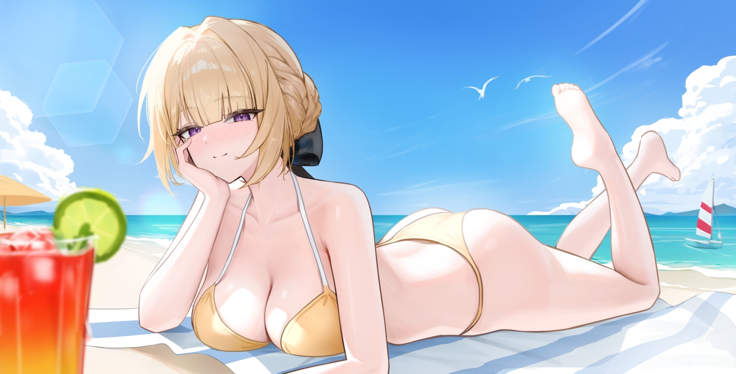ass, barefoot, beach, bikini, blonde_hair, blush, boat, bow