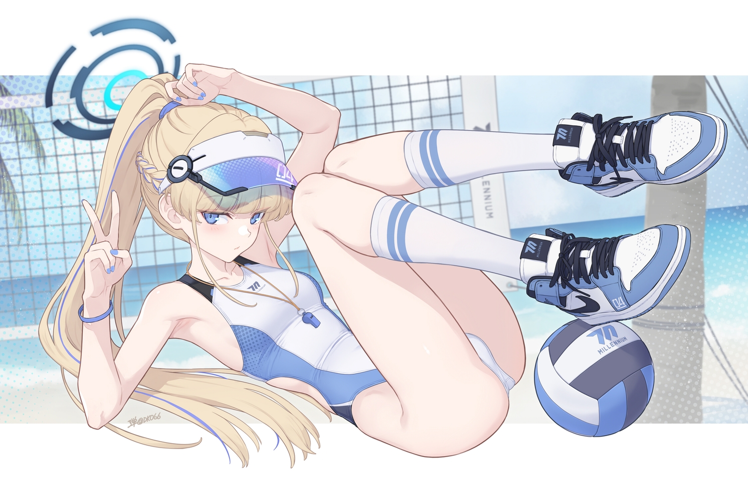 asuma_toki, ball, beach, bikini, blonde_hair, blue_archive, blue_eyes, blush