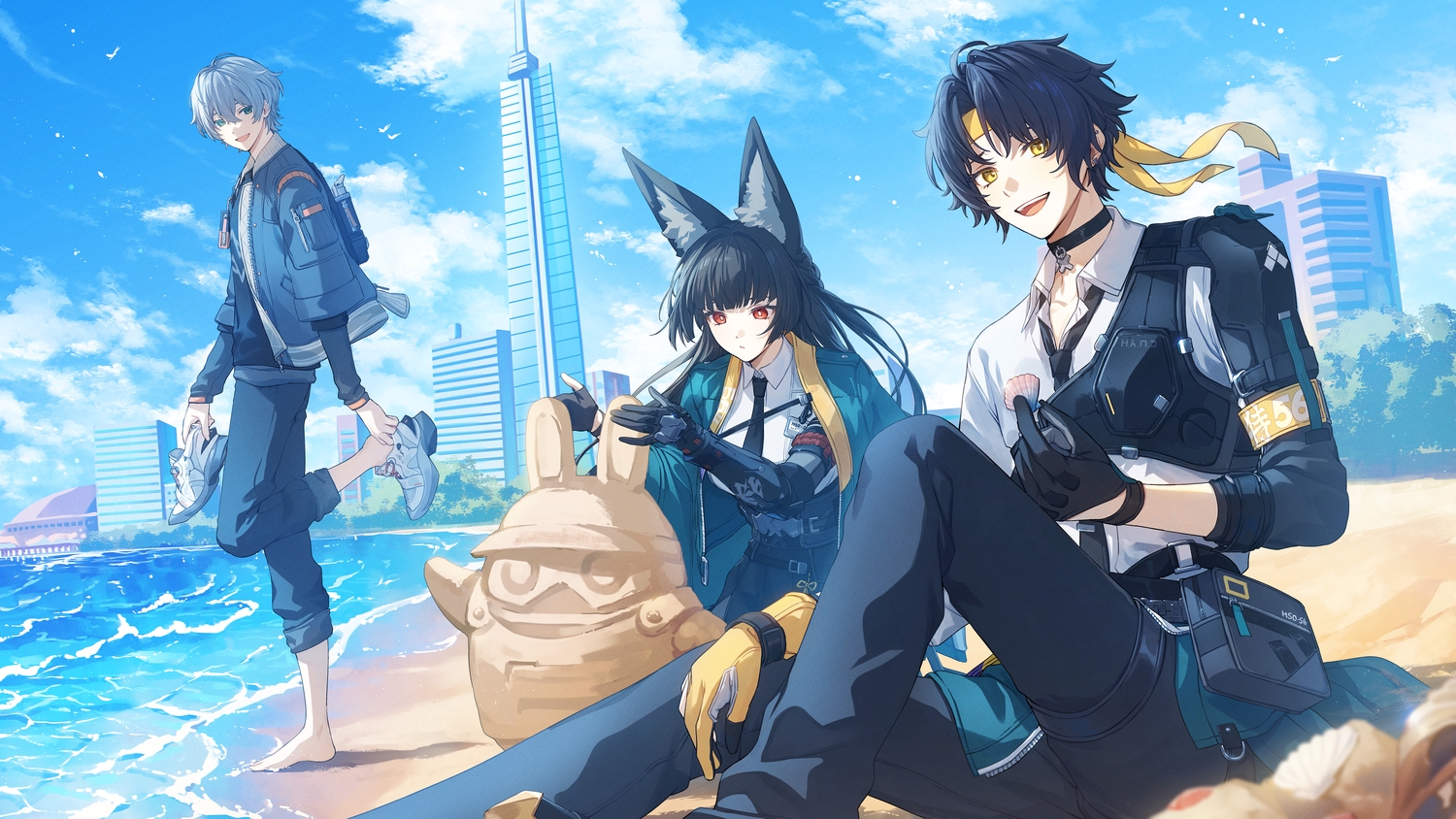 animal_ears, aoiro_oto, armor, asaba_harumasa, barefoot, beach, black_hair, braids, building, cape, choker, city, clouds, foxgirl, garter, gloves, gray_hair, green_eyes, headband, hoshimi_miyabi, long_hair, male, red_eyes, shirt, short_hair, skirt, sky, tie, water, wise_(zenless_zone_zero), wristwear, yellow_eyes, zenless_zone_zero