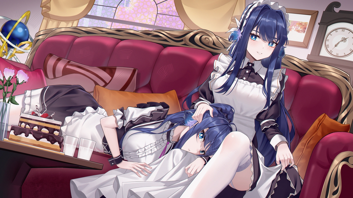 2girls, apron, arknights, astesia_(arknights), astgenne_(arknights), blue_eyes, blue_hair, blush, cake, couch, dress, drink, flowers, food, fruit, garter_belt, headdress, long_hair, maid, pantyhose, ponytail, skirt_lift, stockings, strawberry, wristwear, wuren