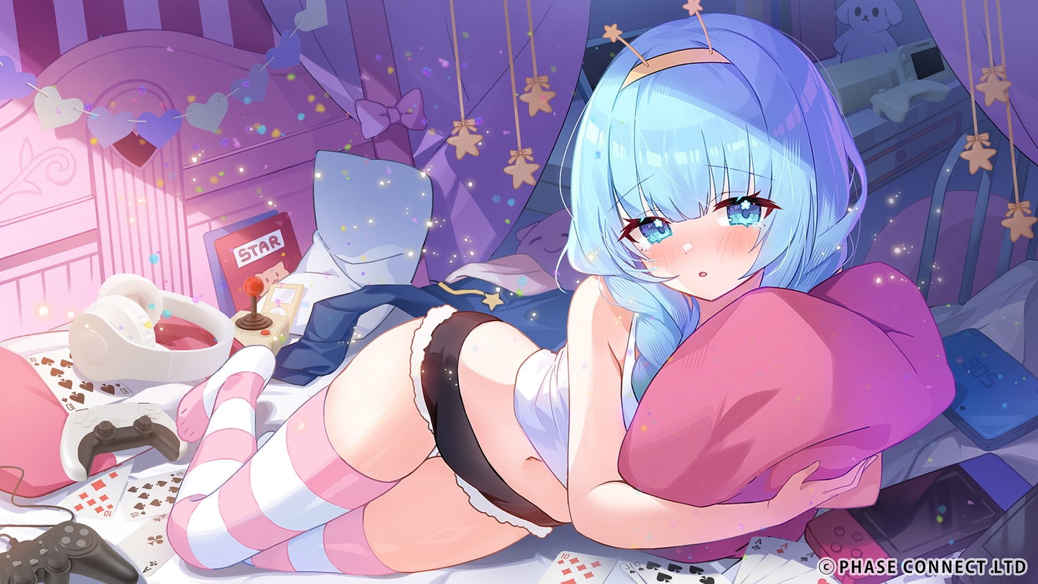 applecaramel_(acaramel), aqua_eyes, aqua_hair, bed, blush, braids, game_console, headband, headphones, jelly_hoshiumi, long_hair, navel, phase_connect, shorts, thighhighs, twintails, watermark