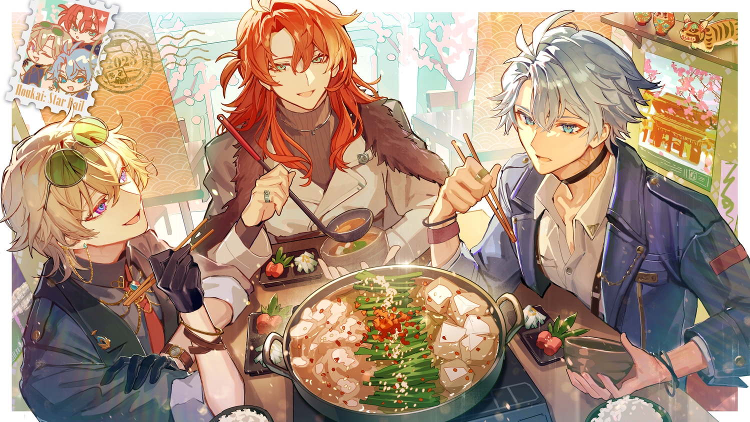 all_male, aqua_eyes, argenti_(honkai:_star_rail), aventurine_(honkai:_star_rail), blonde_hair, cape, chibi, choker