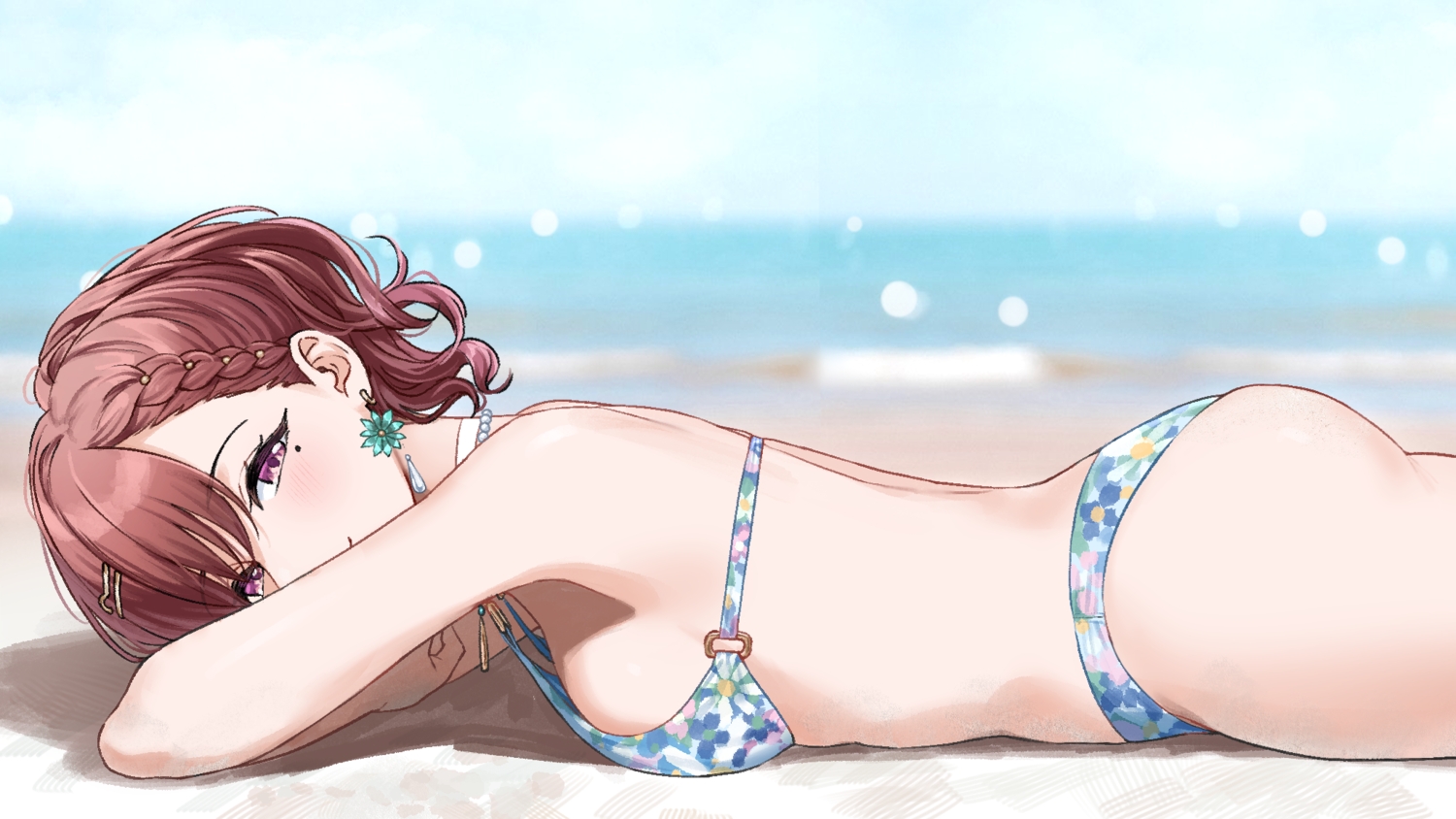 beach, bikini, blush, braids, breasts, brown_hair, choker, close