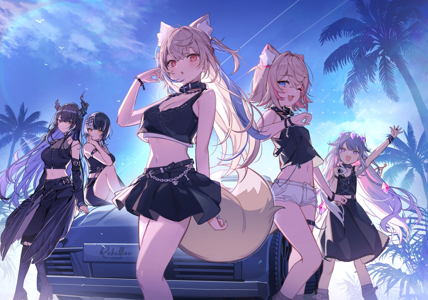 animal_ears, black_hair, blonde_hair, blue_eyes, blush, breasts, car, cat_smile