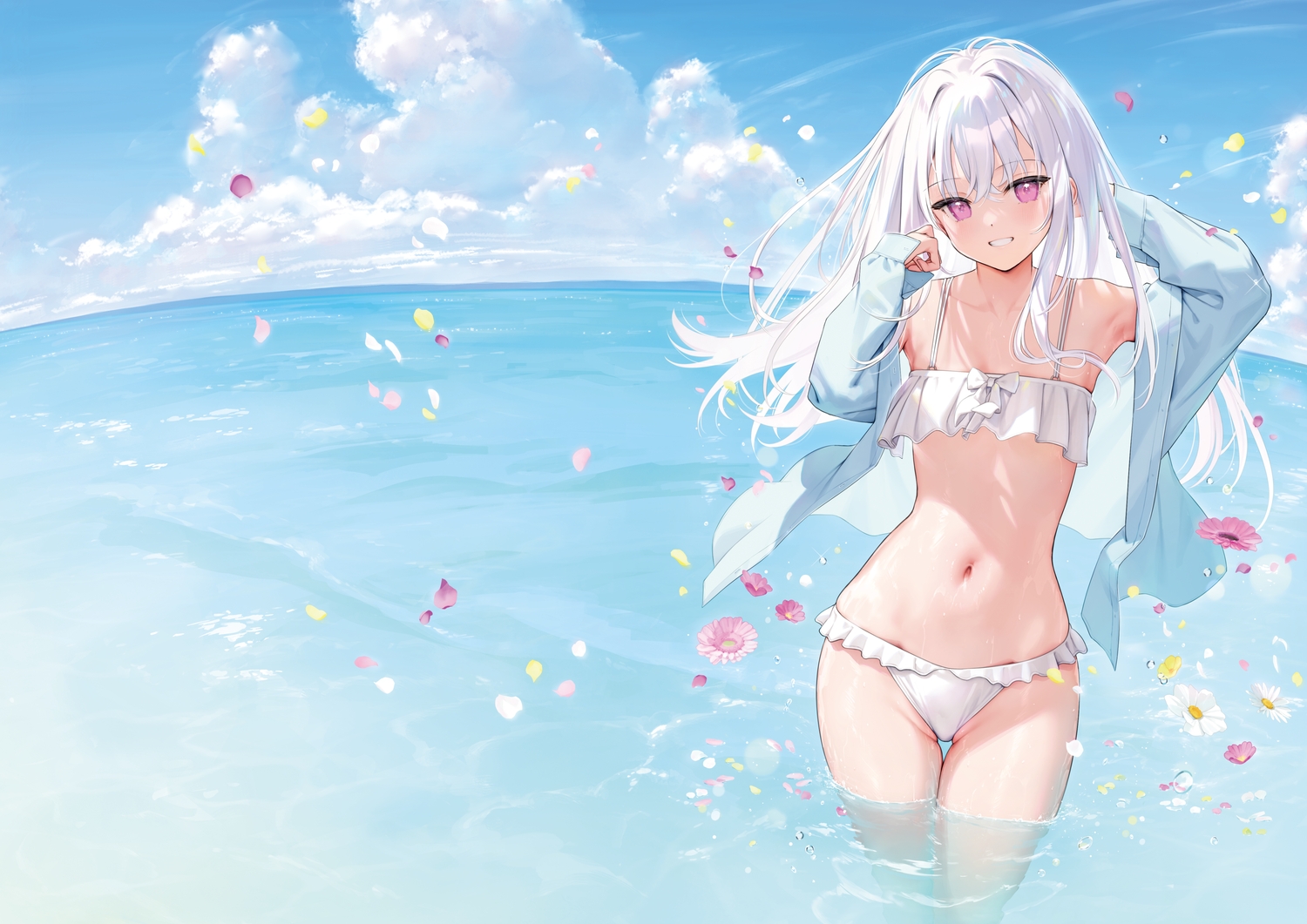 bikini, blush, clouds, long_hair, mignon, navel, original, petals