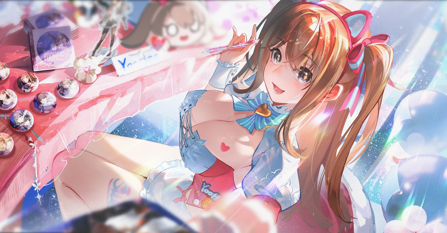 akihara_nozomi, animal_ears, black_eyes, blush, bow, breasts, brown_hair, choker