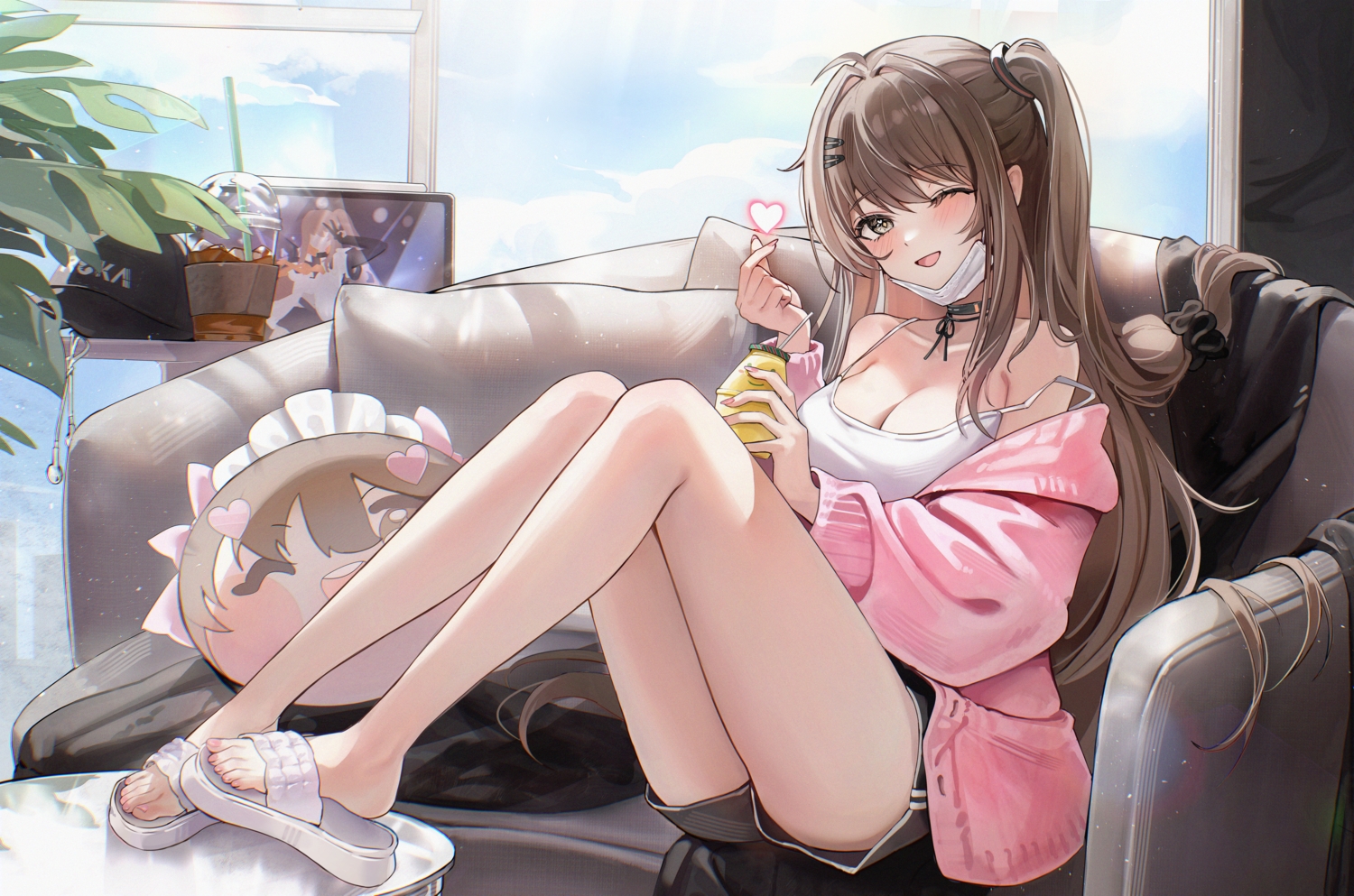 blush, breasts, brown_eyes, brown_hair, choker, cleavage, clouds, couch, drink, girls_frontline, girls_frontline_2, heart, k2_(girls_frontline), leaves, long_hair, mask, ponytail, shorts, sky, wink, yoohee_(girls_frontline_2), zije