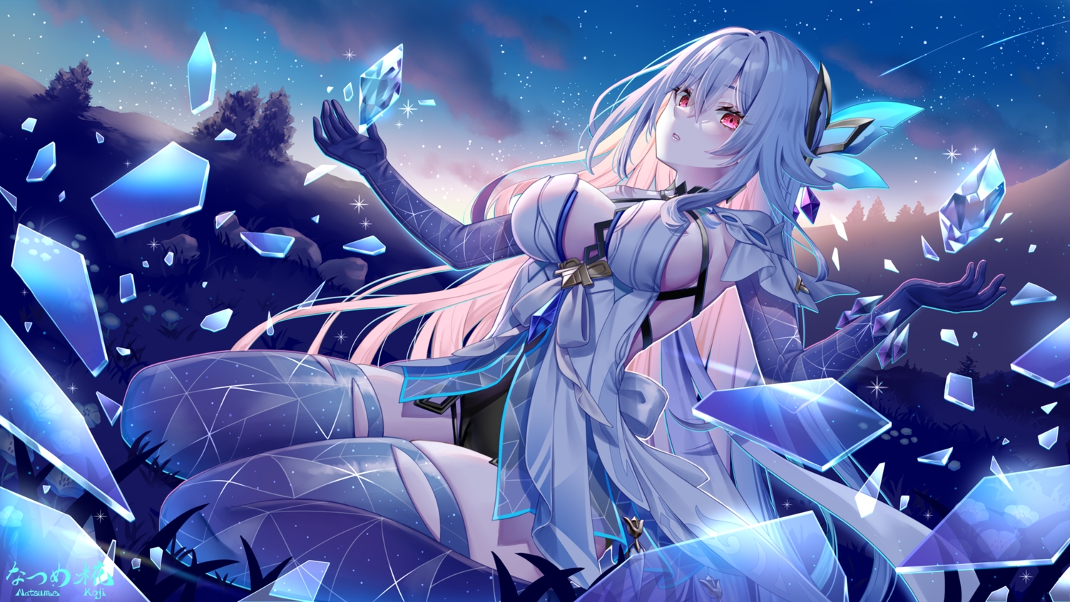 bow, breasts, clouds, genshin_impact, grass, gray_hair, long_hair, magic