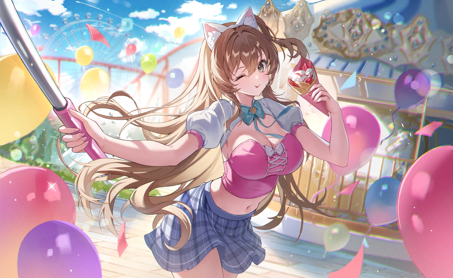 animal_ears, bow, breasts, brown_eyes, brown_hair, cleavage, clouds, food