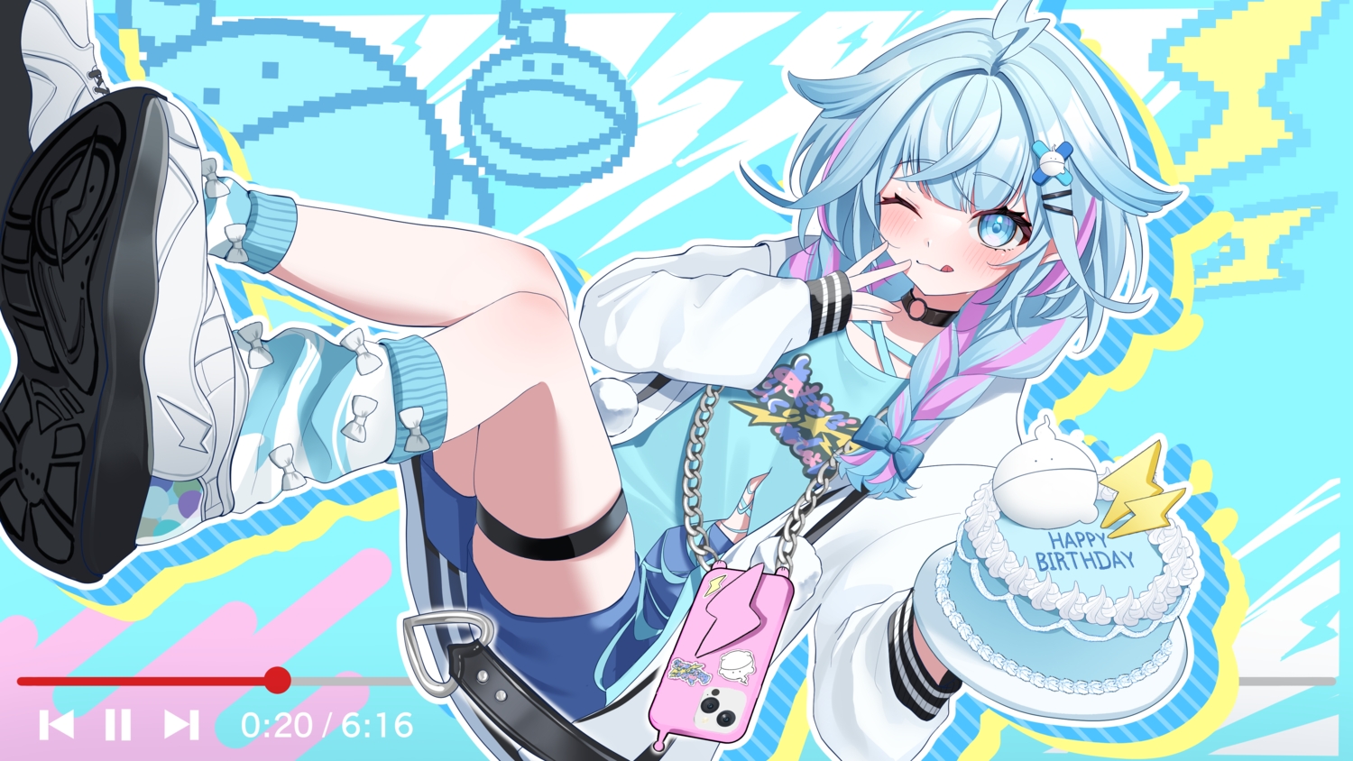blue_eyes, blue_hair, blush, bow, braids, cake, cat_smile, chain