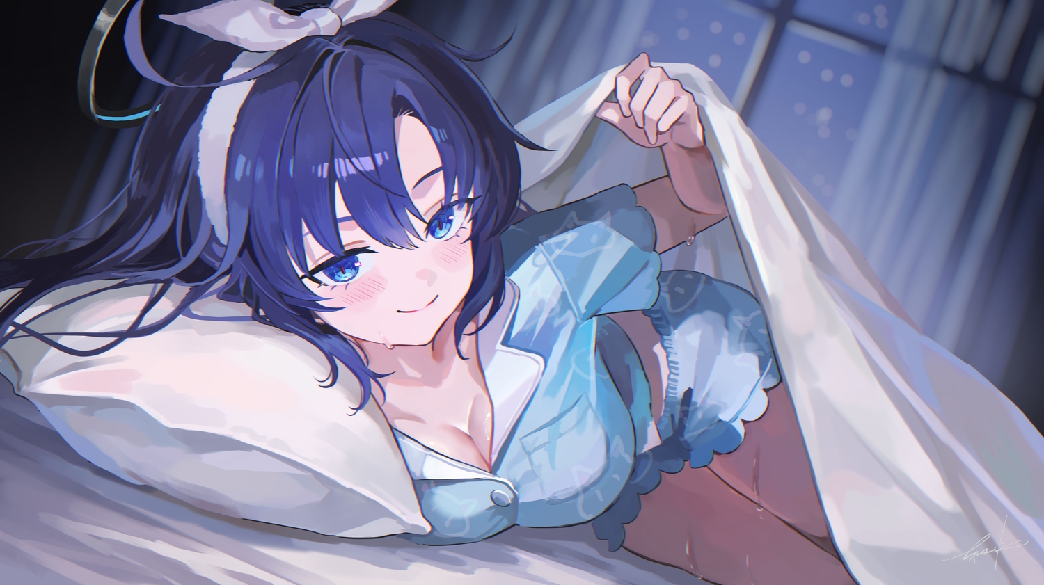bed, blue_archive, blue_eyes, blue_hair, blush, breasts, cleavage, close
