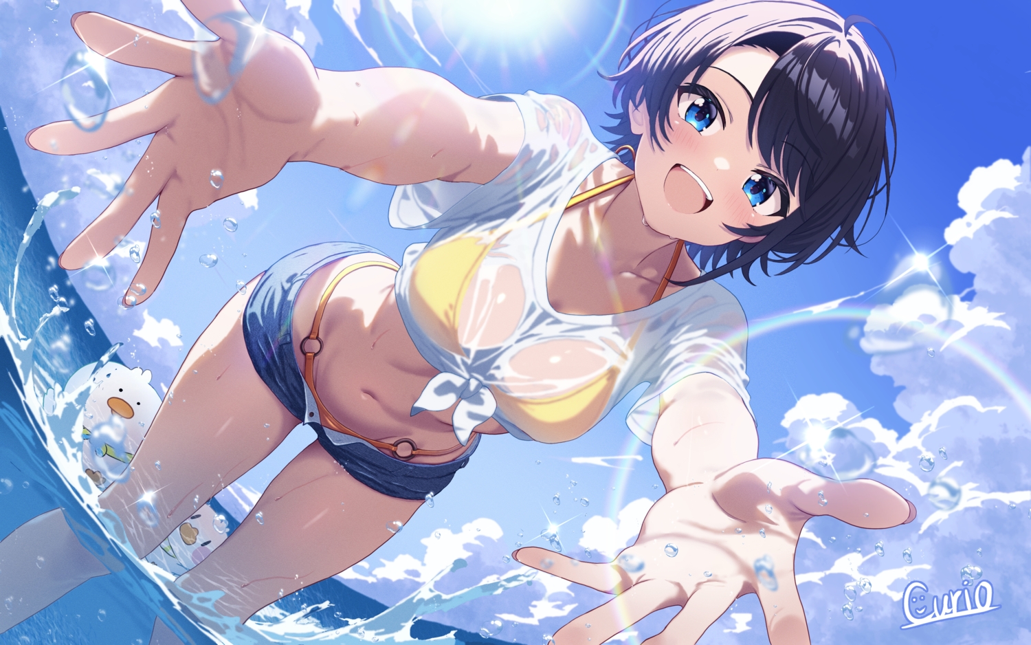 bikini, black_hair, blue_eyes, blush, breasts, clouds, curio_(curiofinity), hololive