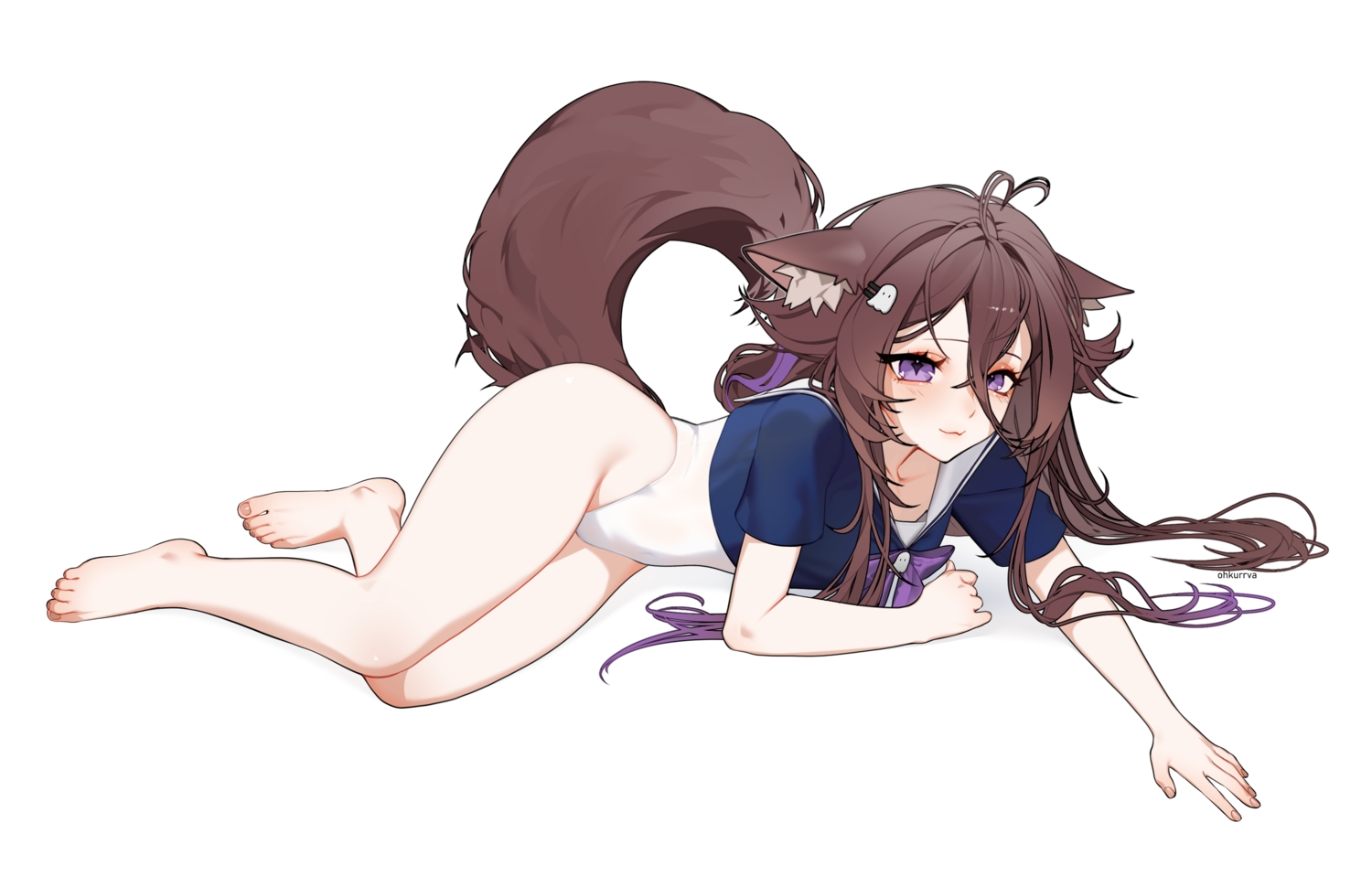 animal_ears, barefoot, blush, bow, brown_hair, cat_smile, long_hair, ohkurrva, original, purple_eyes, school_uniform, swimsuit, tail, white