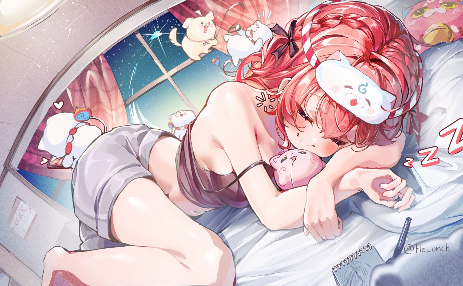 barefoot, bed, blush, bow, braids, hololive, makigaihe, mask, night, no_bra, pink_hair, sakura_miko, shorts, signed, sky, sleeping, stars