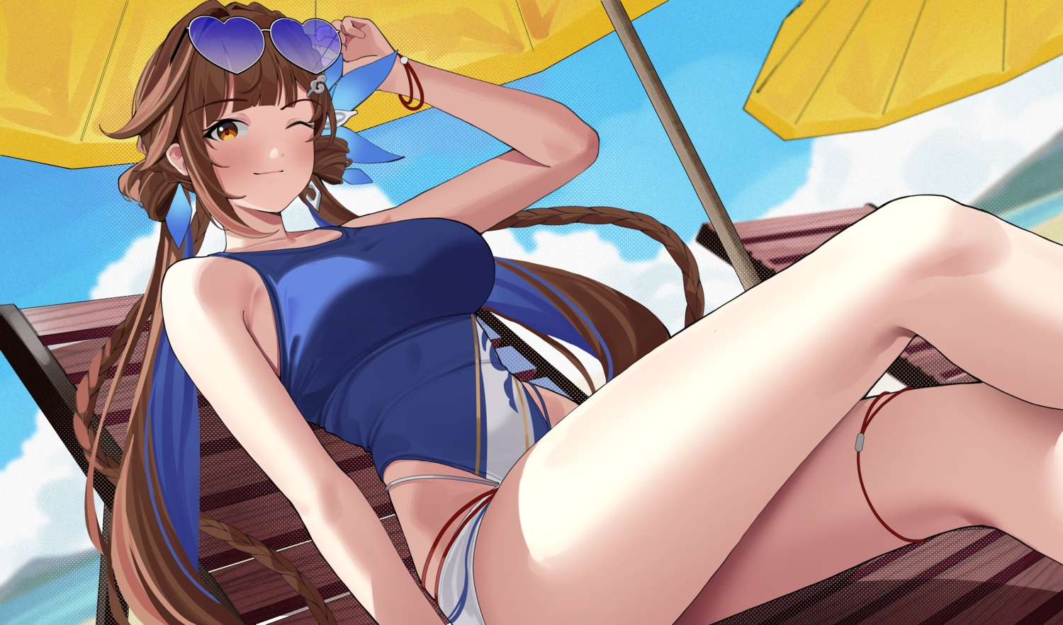 beach, blush, brown_eyes, brown_hair, clouds, garter, haerge, honkai_impact