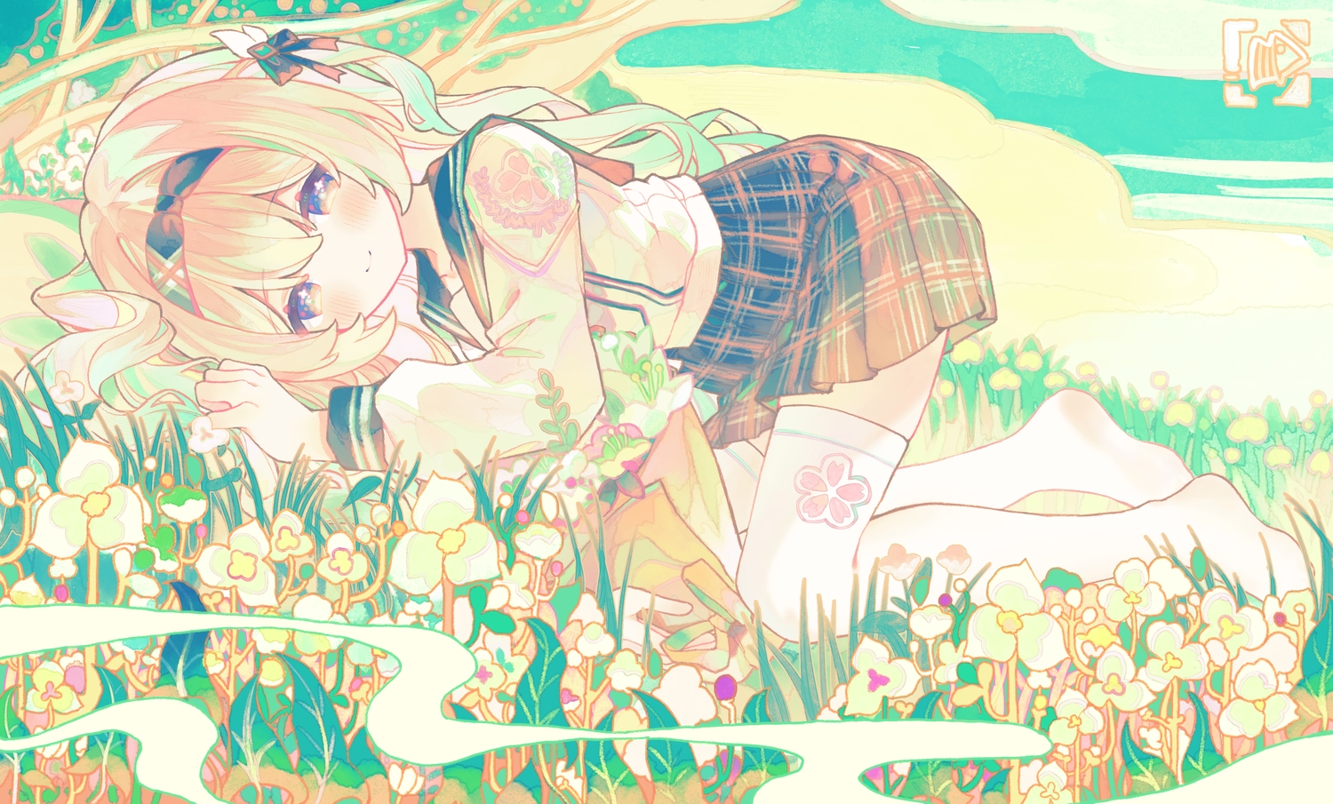 blush, clouds, firefly_(honkai:_star_rail), flowers, grass, headband, honkai_(series), honkai:_star_rail