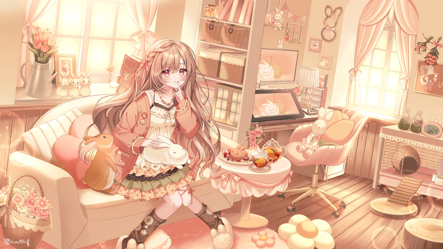 animal, blush, book, bow, braids, brown_hair, bunny, computer