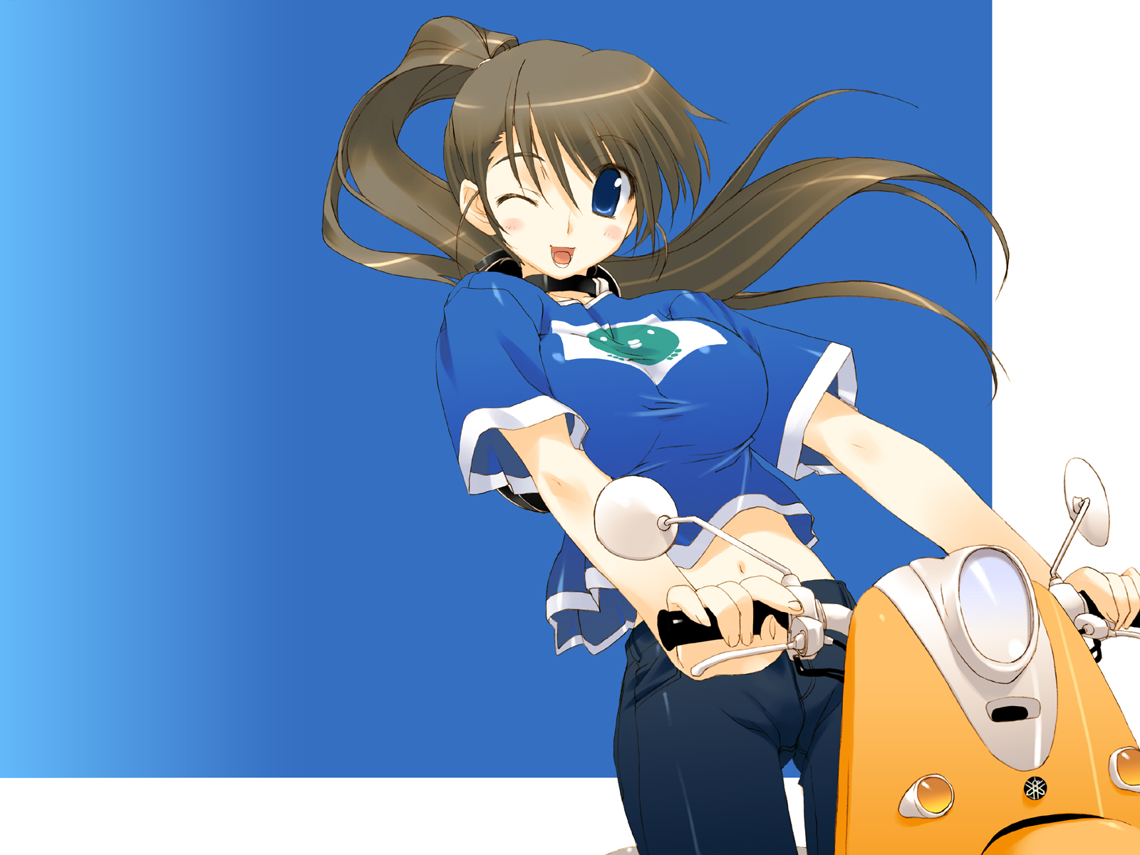 amaduyu_tatsuki, blue, blue_eyes, blush, brown_hair, colorful_dot, long_hair, motorcycle