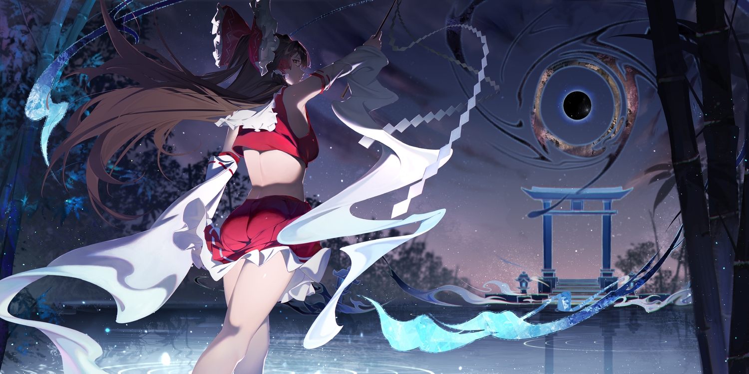 ass, bow, brown_eyes, brown_hair, clouds, hakurei_reimu, japanese_clothes, kanon_(sinto)