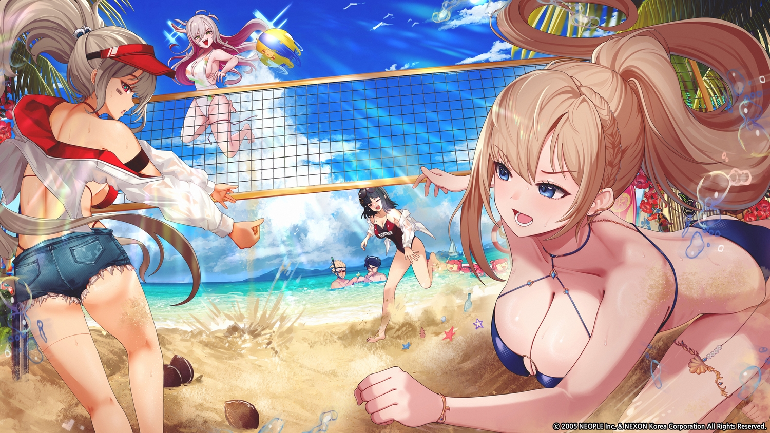 aliasing, archer_(dnf), ball, barefoot, beach, bikini, black_hair, blonde_hair, blue_eyes, blue_hair, braids, breasts, brown_hair, cat_smile, choker, cleavage, clouds, demonic_lancer, dungeon_and_fighter, ella_(dnf), female_gunner_(dnf), gimyogi, goggles, gray_hair, green_eyes, group, hat, long_hair, male_slayer_(dnf), open_shirt, ponytail, red_eyes, see_through, shirt, short_hair, shorts, sideboob, sky, sport, sunglasses, swimsuit, volleyball, water, watermark, wink