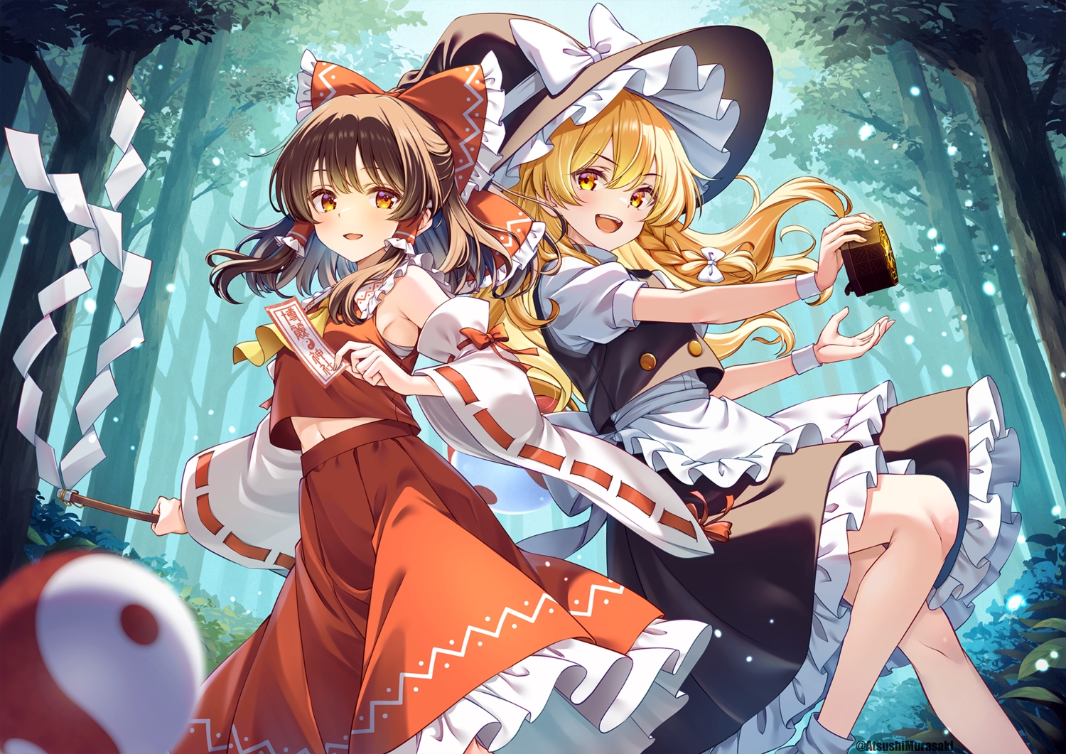 2girls, apron, blonde_hair, bow, braids, brown_hair, dress, forest, hakurei_reimu, hat, japanese_clothes, kirisame_marisa, long_hair, miko, murasaki_atsushi, navel, ofuda, orange_eyes, short_hair, skirt, socks, touhou, tree, watermark, witch, witch_hat, wristwear