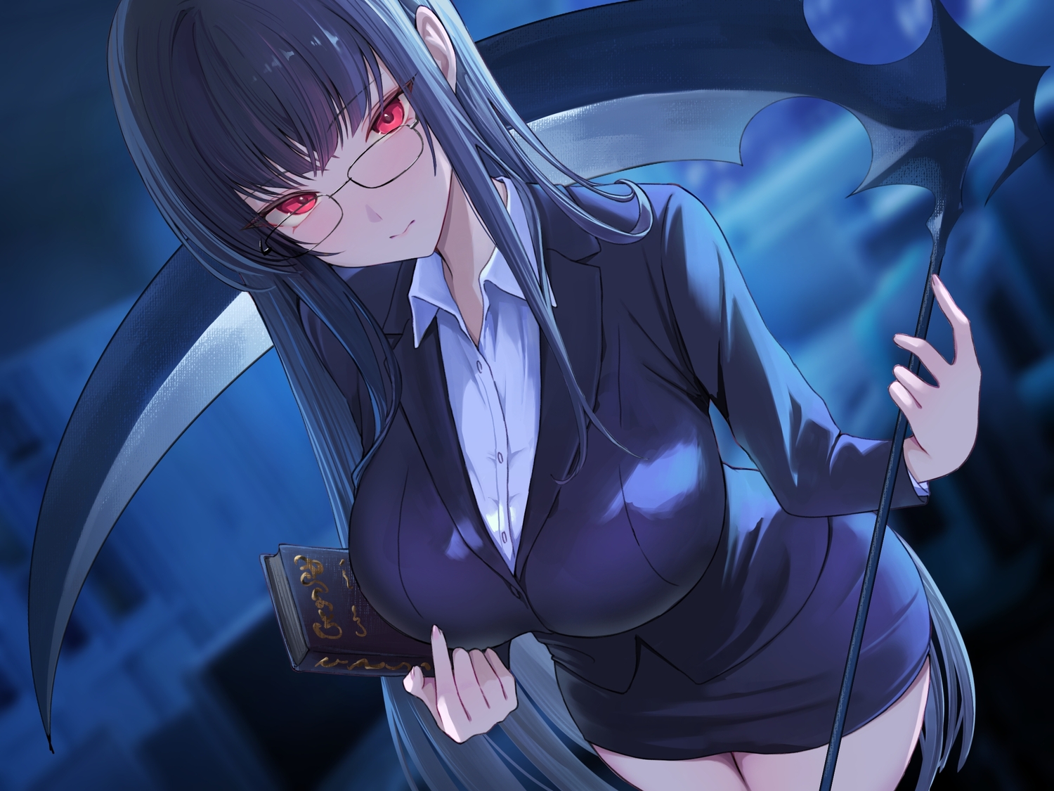 black_hair, book, breasts, dark, glasses, huziko32, long_hair, original, red_eyes, scythe, suit, weapon