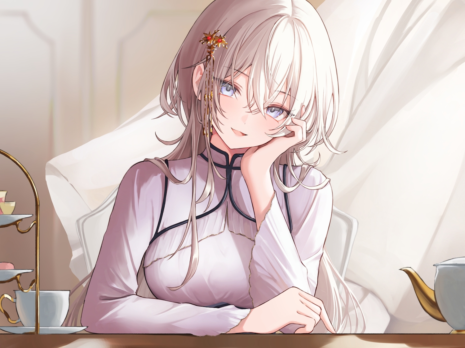 cake, close, drink, food, gray_eyes, gray_hair, huziko32, long_hair, original