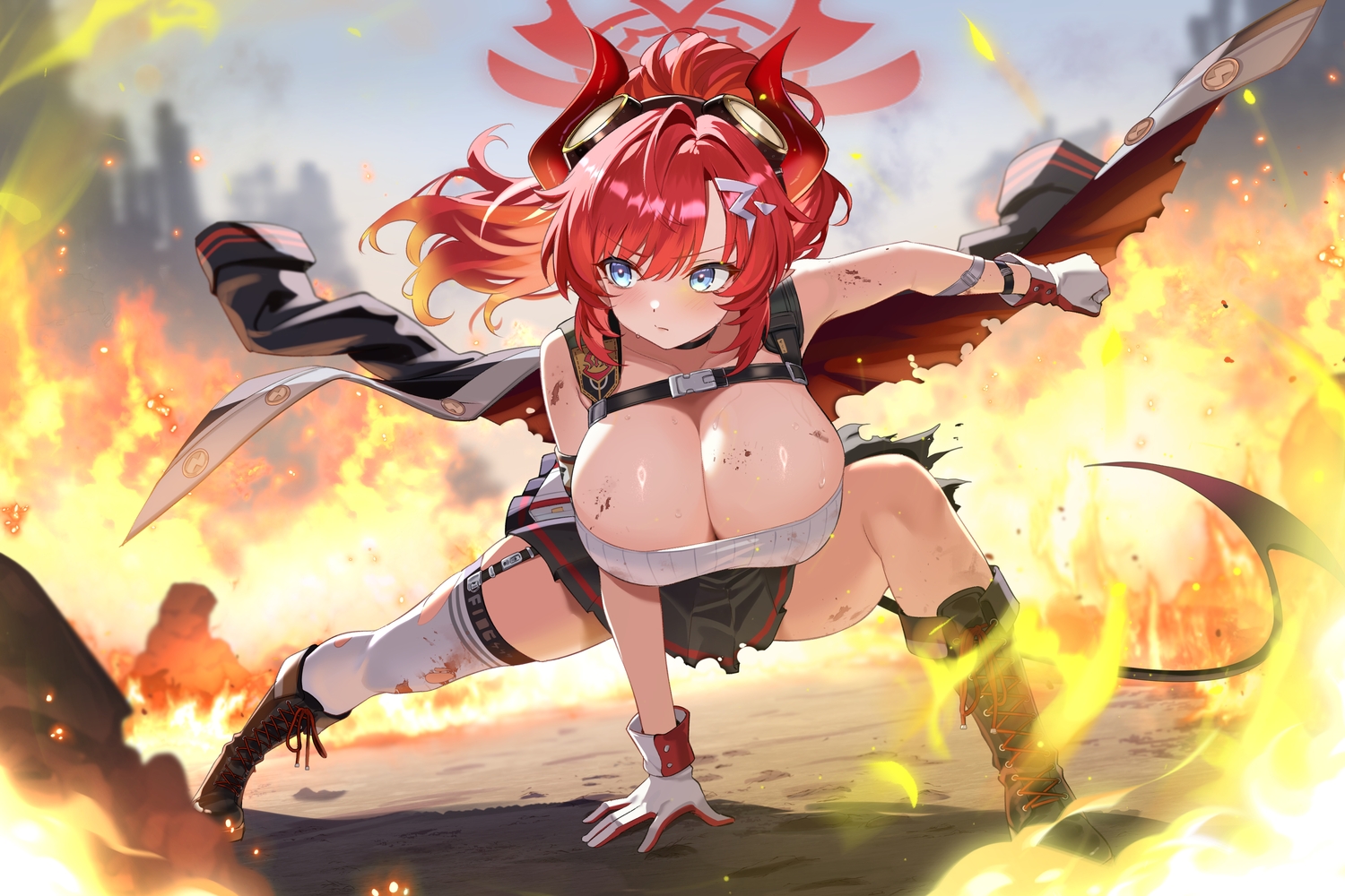 blue_archive, blue_eyes, blush, boots, breasts, cape, cleavage, fire, garter_belt, gher5, gloves, goggles, halo, horns, long_hair, ponytail, red_hair, shimokura_megu, skirt, sky, spread_legs, stockings, tail, torn_clothes, wristwear
