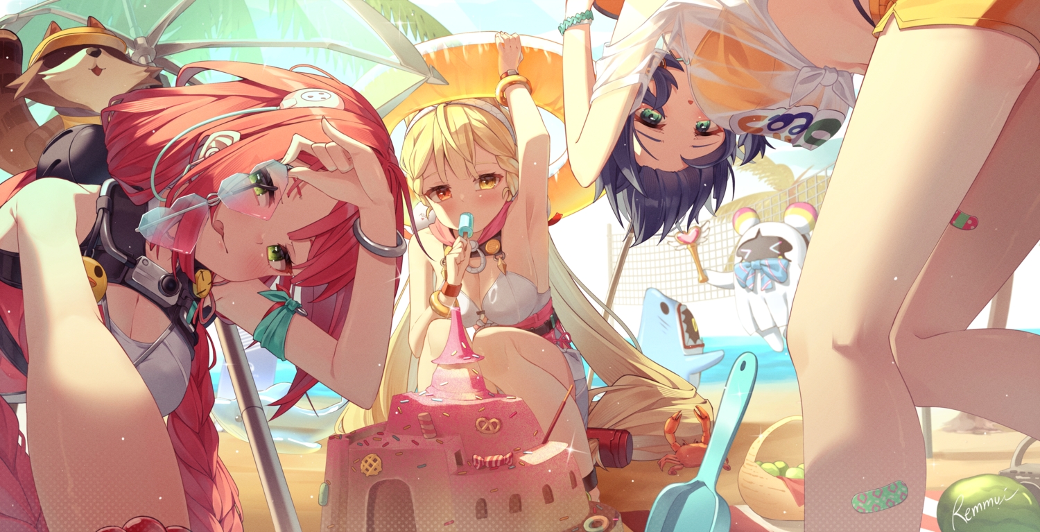 alice_thymefield, animal, bandaid, beach, belle_(zenless_zone_zero), bicolored_eyes, bikini, blonde_hair