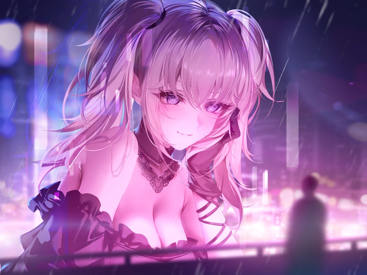 ani_(xai), blade_runner_2049, blonde_hair, blue_eyes, breasts, building, city, cleavage, junpaku_karen, long_hair, male, night, parody, purple, rain, silhouette, twintails, twitter, water, xai_(company)